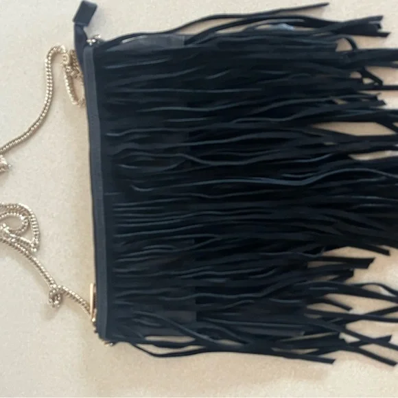 H&M Black Leather Fringe Crossbody Bag with Chain Strap Like New ! - Picture 3 of 5
